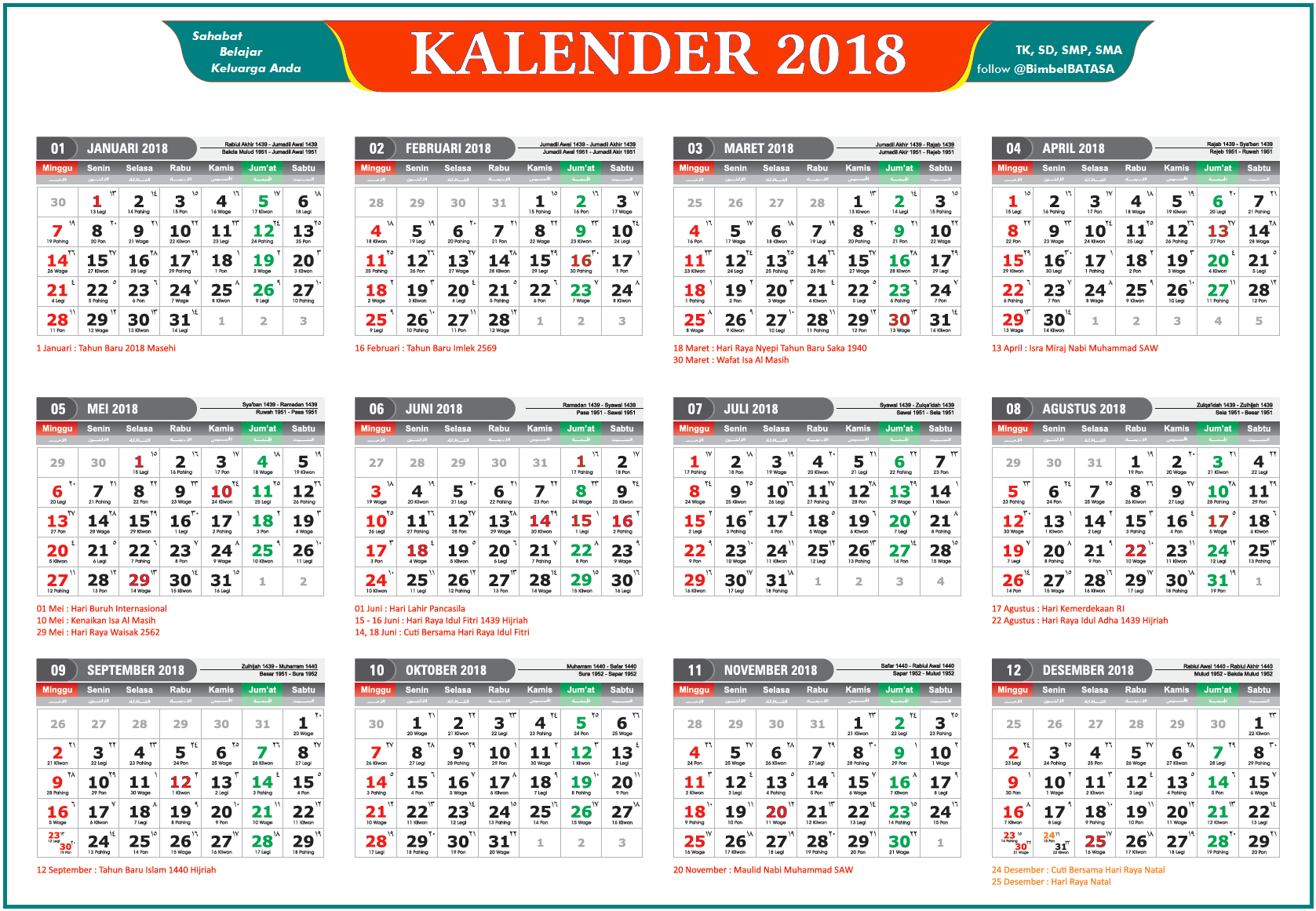 Kalender Masehi 2018 Islam dan Jawa